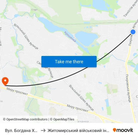 Вул. Богдана Хмельницького to Житомирський військовий інститут ім. С.П.Корольова map