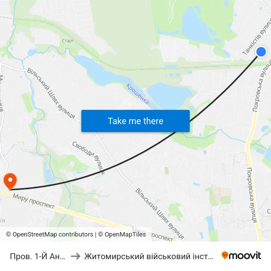 Пров. 1-Й Андріївський to Житомирський військовий інститут ім. С.П.Корольова map