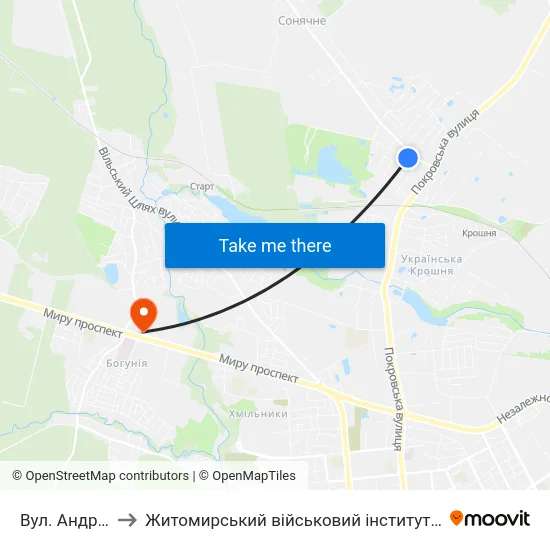 Вул. Андріївська to Житомирський військовий інститут ім. С.П.Корольова map