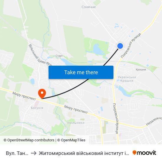 Вул. Танкістів to Житомирський військовий інститут ім. С.П.Корольова map