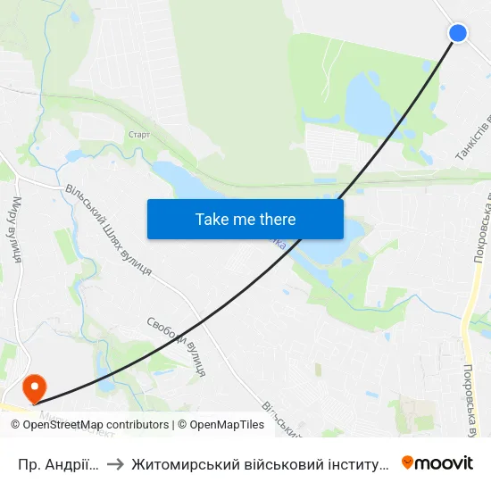 Пр. Андріївський to Житомирський військовий інститут ім. С.П.Корольова map