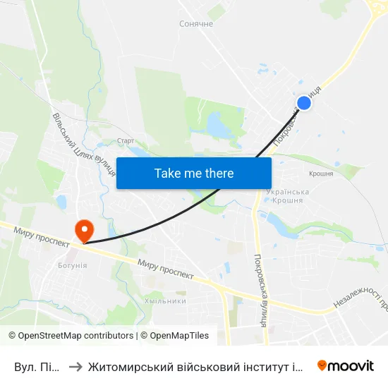 Вул. Піщана to Житомирський військовий інститут ім. С.П.Корольова map