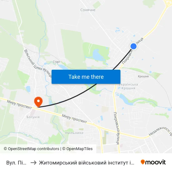 Вул. Піщана to Житомирський військовий інститут ім. С.П.Корольова map