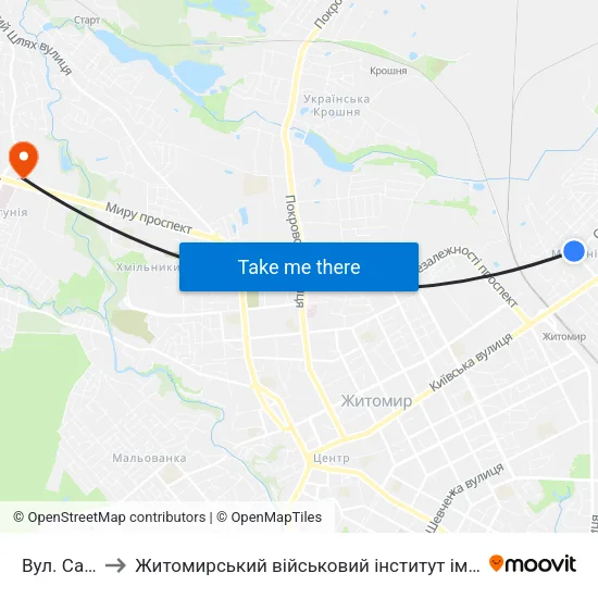 Вул. Саєнка to Житомирський військовий інститут ім. С.П.Корольова map
