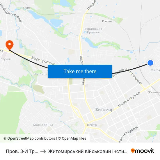 Пров. 3-Й Транзитний to Житомирський військовий інститут ім. С.П.Корольова map