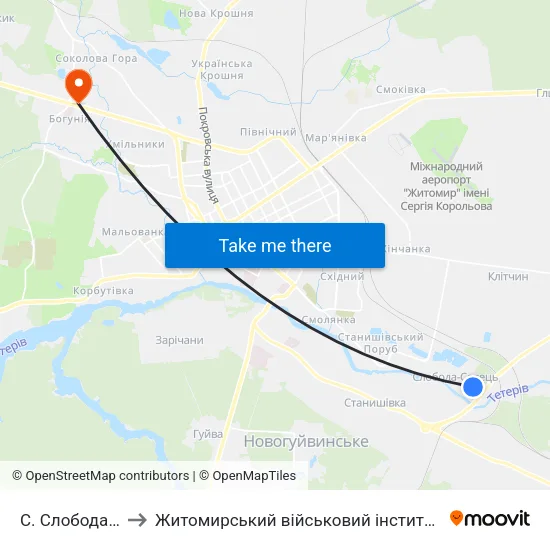 С. Слобода-Селець to Житомирський військовий інститут ім. С.П.Корольова map