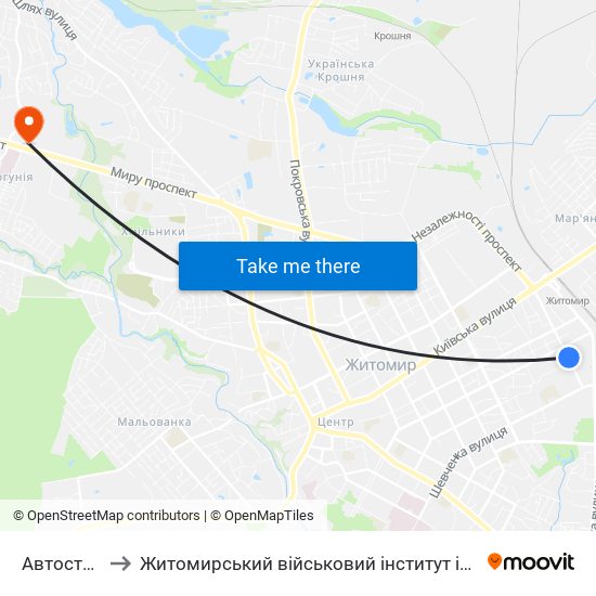 Автостоянка to Житомирський військовий інститут ім. С.П.Корольова map