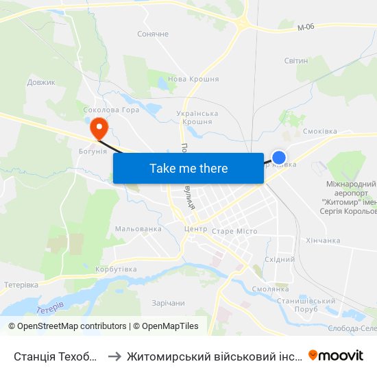 Станція Техобслуговування to Житомирський військовий інститут ім. С.П.Корольова map