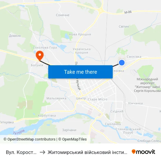 Вул. Коростишівська to Житомирський військовий інститут ім. С.П.Корольова map