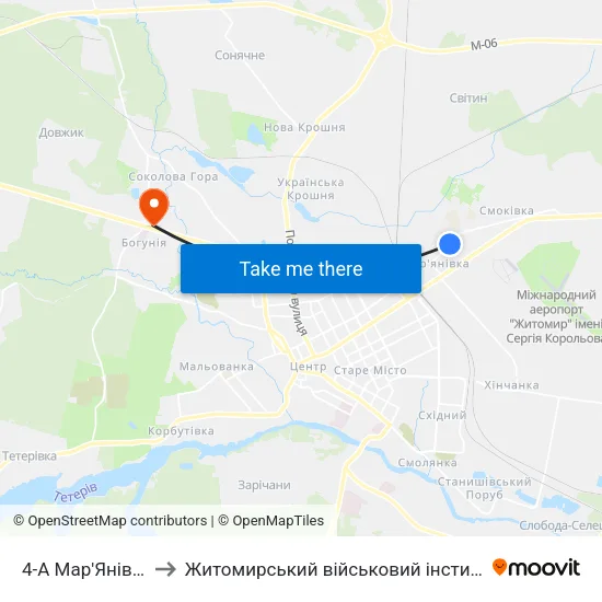 4-А Мар'Янівська Лінія to Житомирський військовий інститут ім. С.П.Корольова map