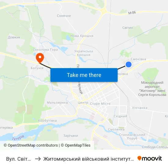 Вул. Світинська to Житомирський військовий інститут ім. С.П.Корольова map