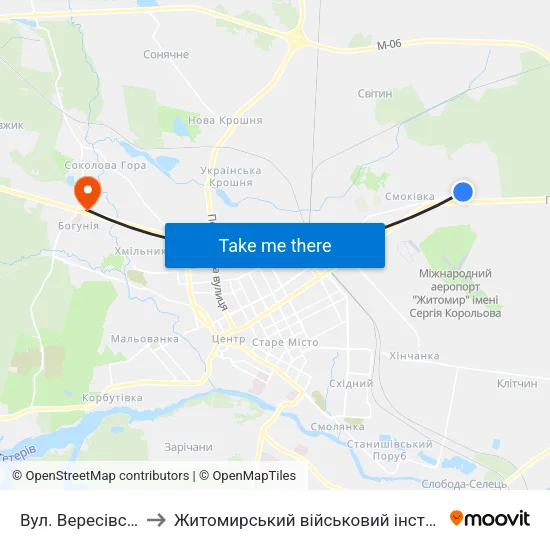 Вул. Вересівський Шлях to Житомирський військовий інститут ім. С.П.Корольова map