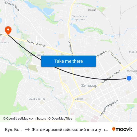 Вул. Бородія to Житомирський військовий інститут ім. С.П.Корольова map