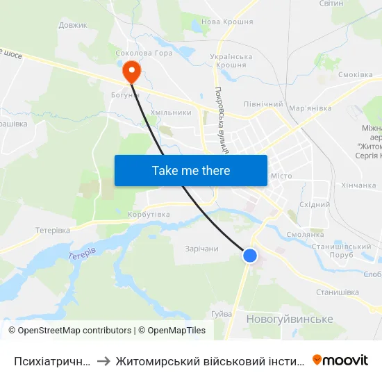 Психіатрична Лікарня to Житомирський військовий інститут ім. С.П.Корольова map