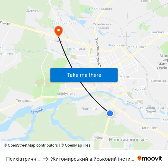 Психіатрична Лікарня to Житомирський військовий інститут ім. С.П.Корольова map