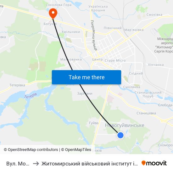 Вул. Моторна to Житомирський військовий інститут ім. С.П.Корольова map