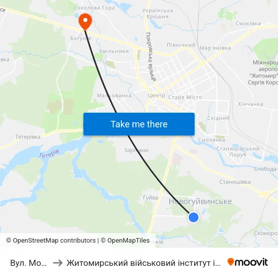 Вул. Моторна to Житомирський військовий інститут ім. С.П.Корольова map