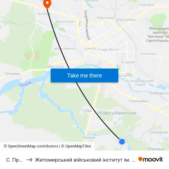 С. Пряжів to Житомирський військовий інститут ім. С.П.Корольова map