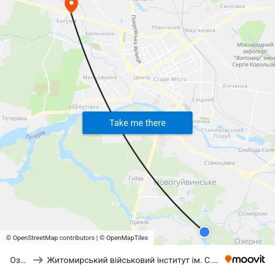 Озеро to Житомирський військовий інститут ім. С.П.Корольова map