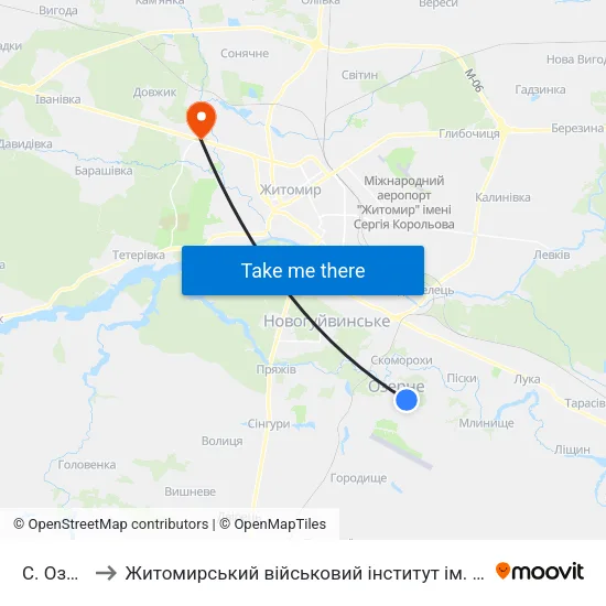 С. Озерне to Житомирський військовий інститут ім. С.П.Корольова map