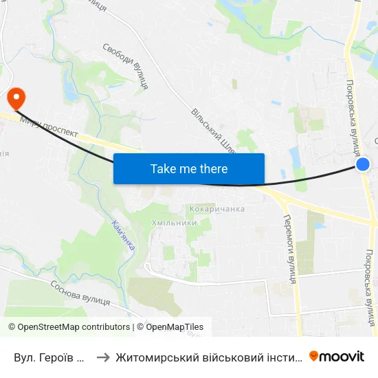 Вул. Героїв Чорнобиля to Житомирський військовий інститут ім. С.П.Корольова map