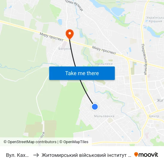 Вул. Каховська to Житомирський військовий інститут ім. С.П.Корольова map