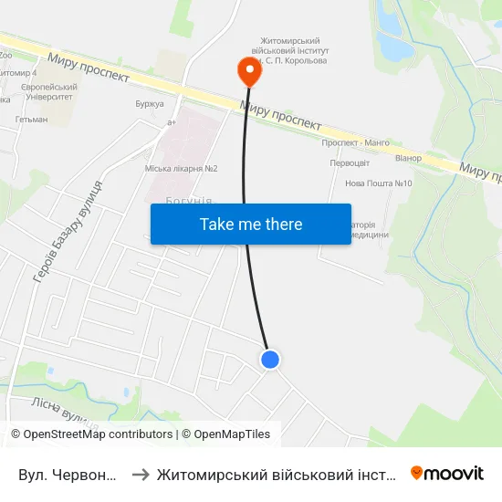 Вул. Червоноармійська to Житомирський військовий інститут ім. С.П.Корольова map