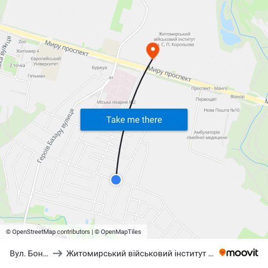 Вул. Бондарна to Житомирський військовий інститут ім. С.П.Корольова map