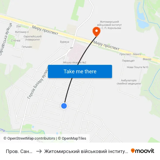 Пров. Санаторний to Житомирський військовий інститут ім. С.П.Корольова map