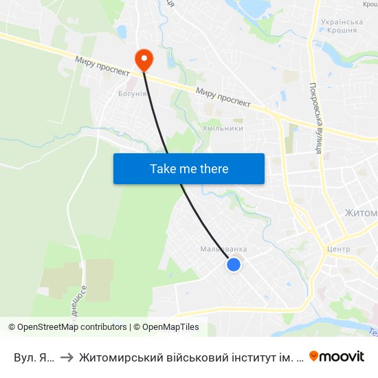 Вул. Якіра to Житомирський військовий інститут ім. С.П.Корольова map