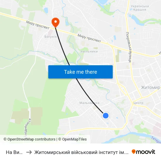 На Вимогу to Житомирський військовий інститут ім. С.П.Корольова map