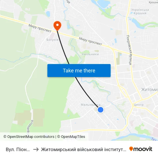 Вул. Піонерська to Житомирський військовий інститут ім. С.П.Корольова map