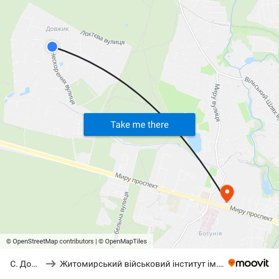 С. Довжик to Житомирський військовий інститут ім. С.П.Корольова map