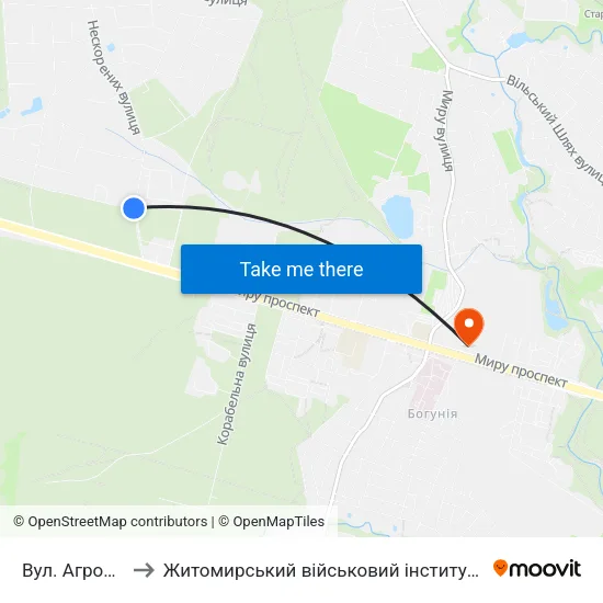 Вул. Агрономічна to Житомирський військовий інститут ім. С.П.Корольова map