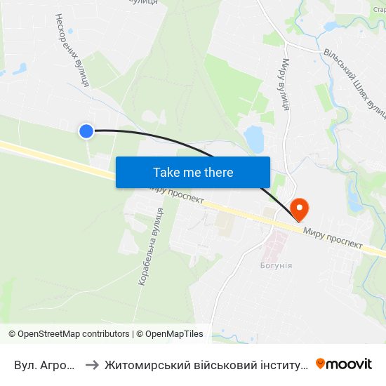 Вул. Агрономічна to Житомирський військовий інститут ім. С.П.Корольова map