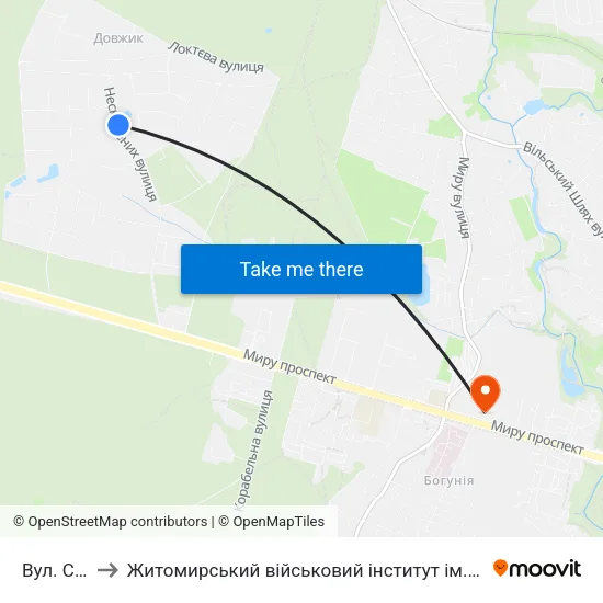Вул. Сінна to Житомирський військовий інститут ім. С.П.Корольова map