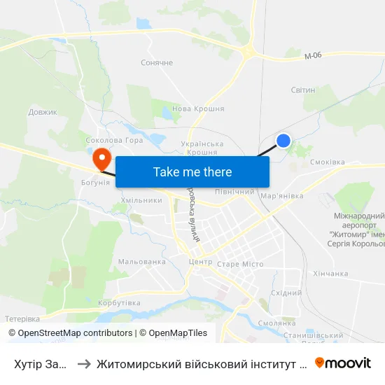 Хутір Затишшя to Житомирський військовий інститут ім. С.П.Корольова map