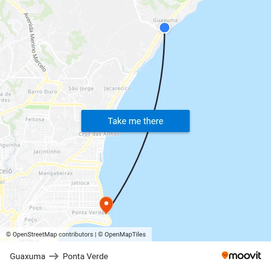 Guaxuma to Ponta Verde map