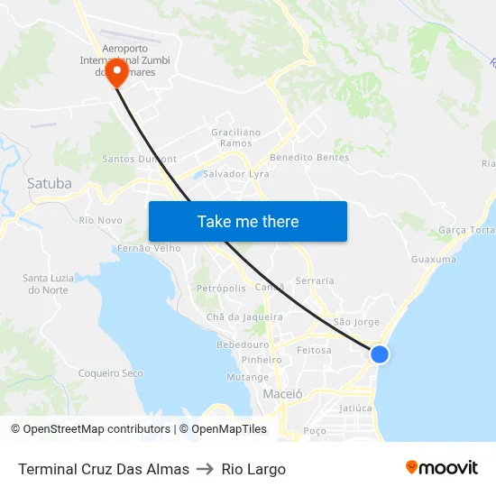 Terminal Cruz Das Almas to Rio Largo map