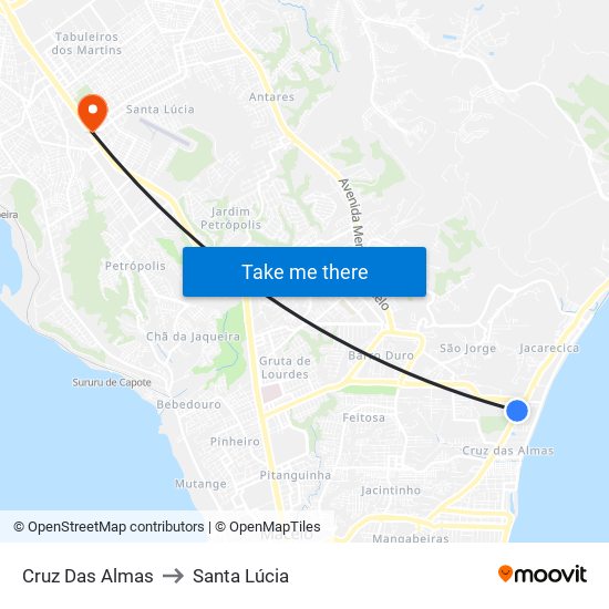 Cruz Das Almas to Santa Lúcia map