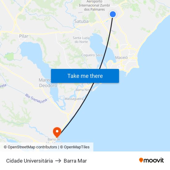 Cidade Universitária to Barra Mar map