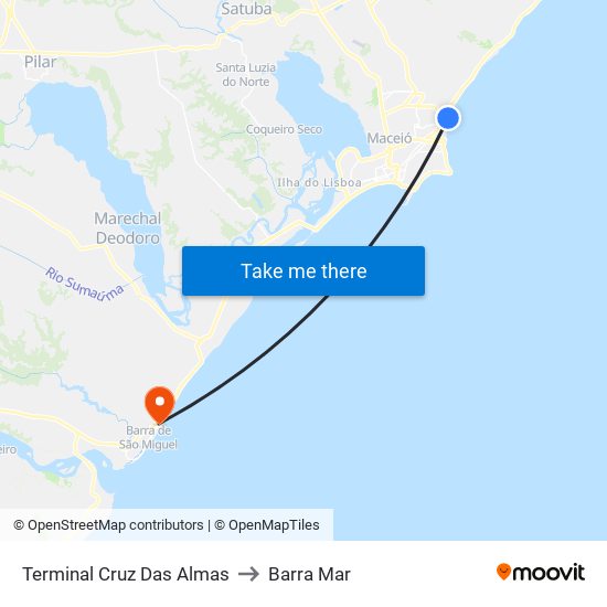 Terminal Cruz Das Almas to Barra Mar map