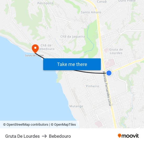 Gruta De Lourdes to Bebedouro map
