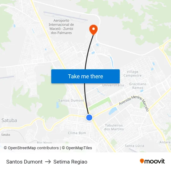 Santos Dumont to Setima Regiao map