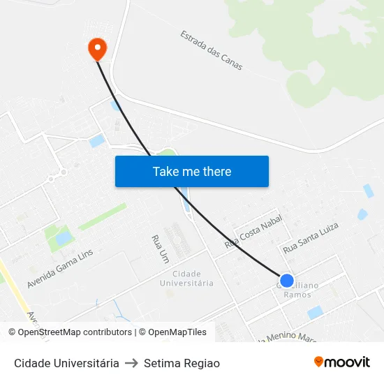 Cidade Universitária to Setima Regiao map