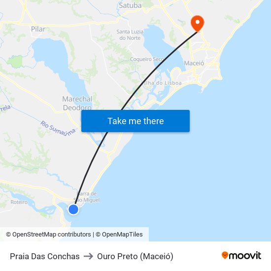 Praia Das Conchas to Ouro Preto (Maceió) map