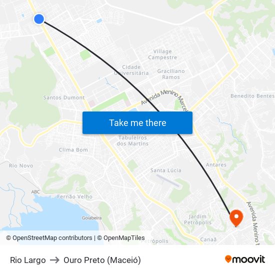 Rio Largo to Ouro Preto (Maceió) map