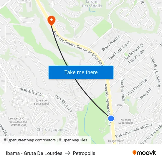 Ibama - Gruta De Lourdes to Petropolis map