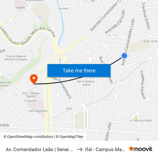 Av. Comendador Leão | Senai Poço to Ifal - Campus Maceió map