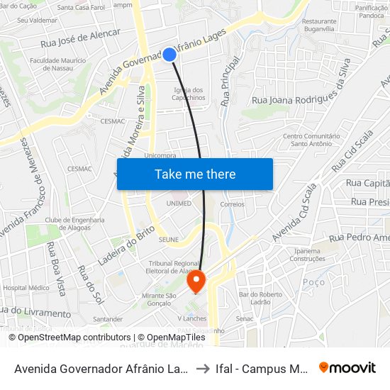 Avenida Governador Afrânio Lages, 84 to Ifal - Campus Maceió map